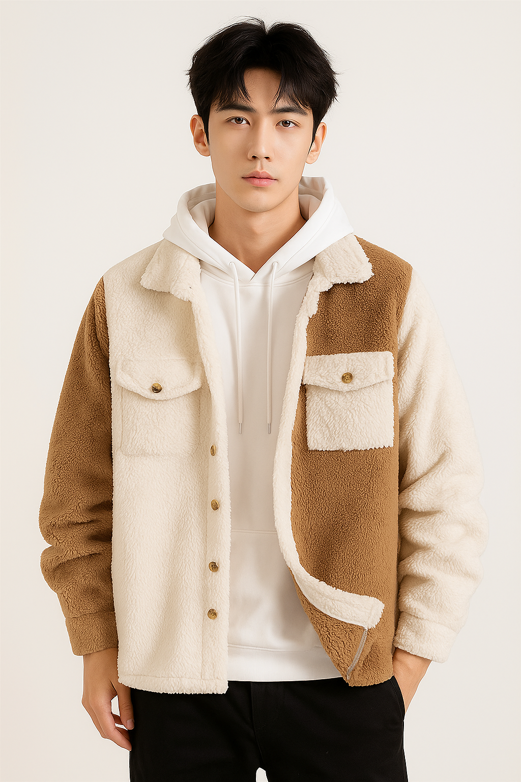 Sherpa Jacket for men- White Brown Double Patch pocket