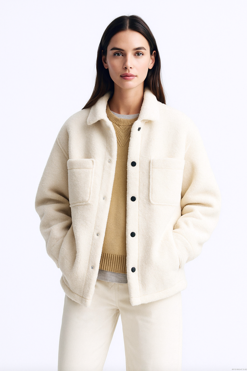 Sherpa Jacket for men-  White Color Double Patch pocket