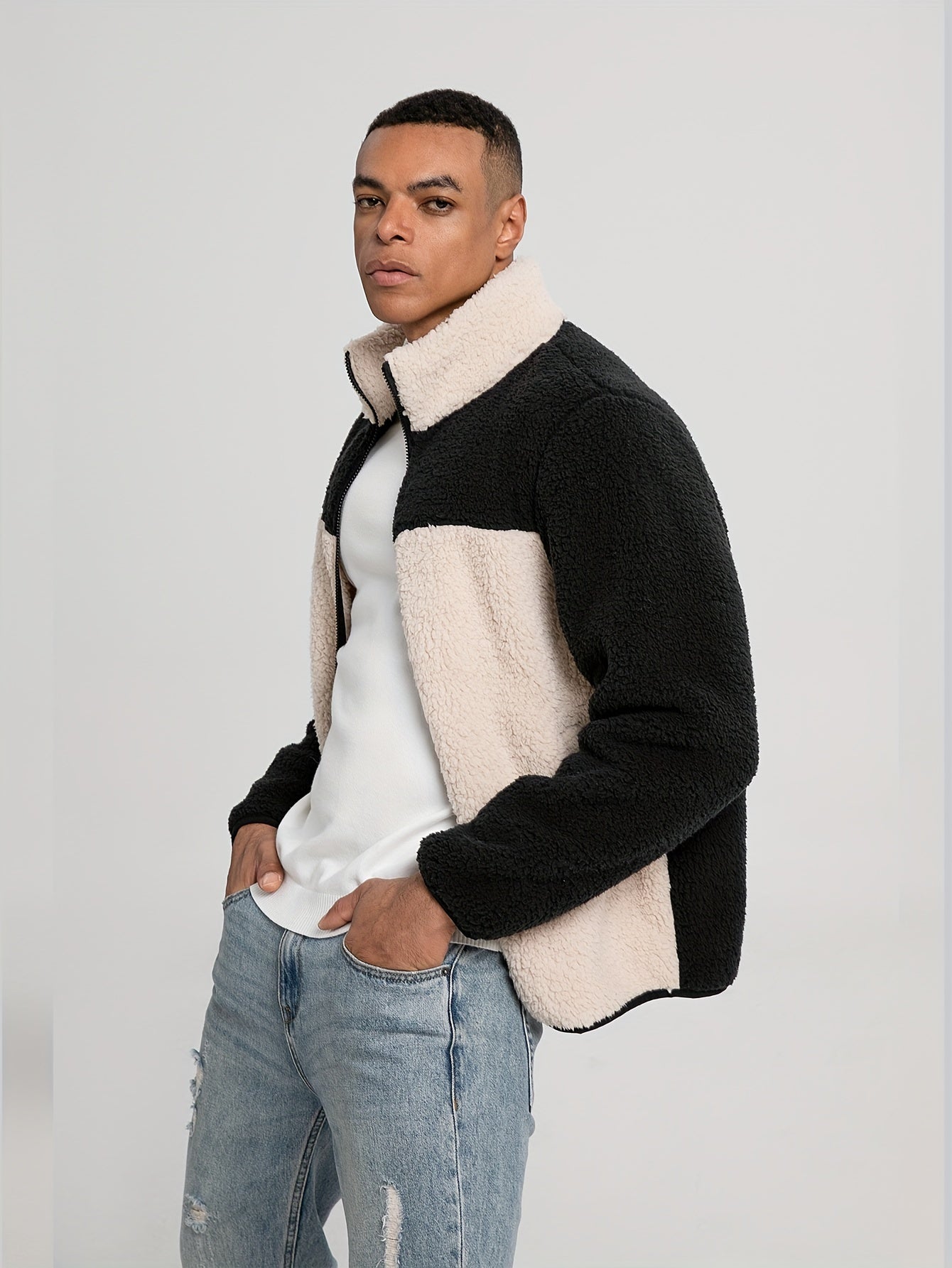 Sherpa Jacket for men-  Black & Beige Color