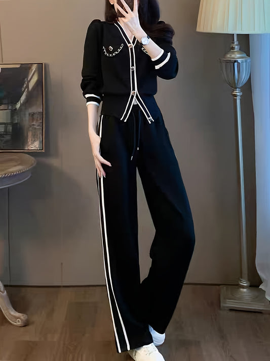 French sweatshirt set with wide leg pant set for women (black)