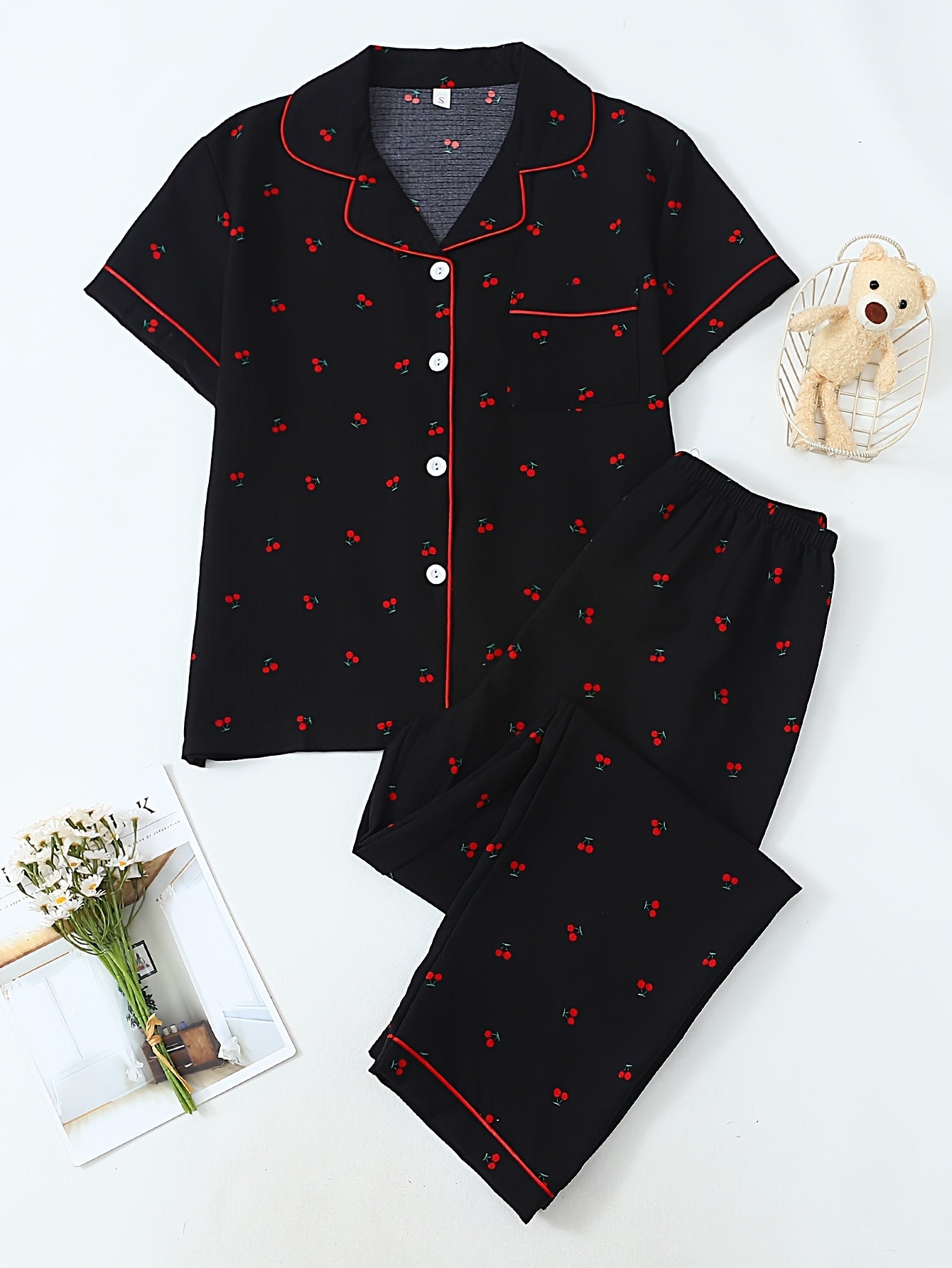 Red Cherry Print Pajama Set (Half Sleeves)