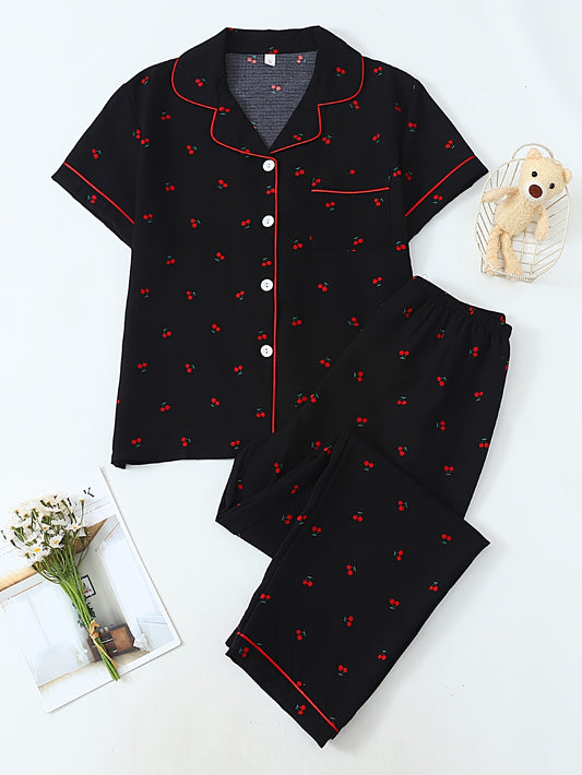 Red Cherry Print Pajama Set (Half Sleeves)