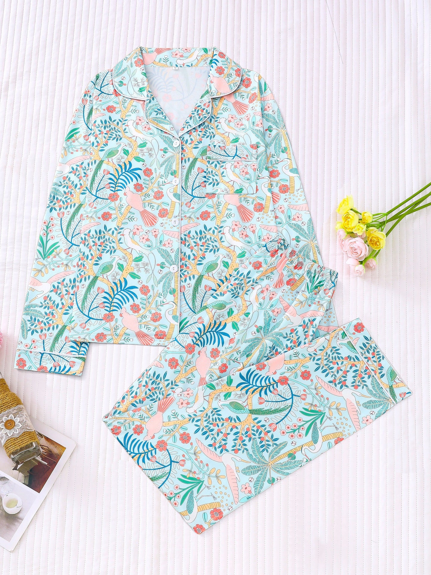 Flowers Charm Pajama set full sleeves (sky blue)