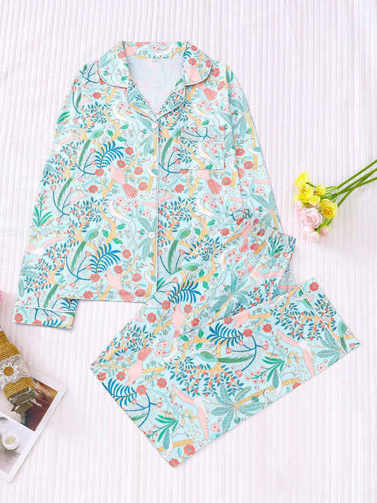 Flowers Charm Pajama set full sleeves (sky blue)