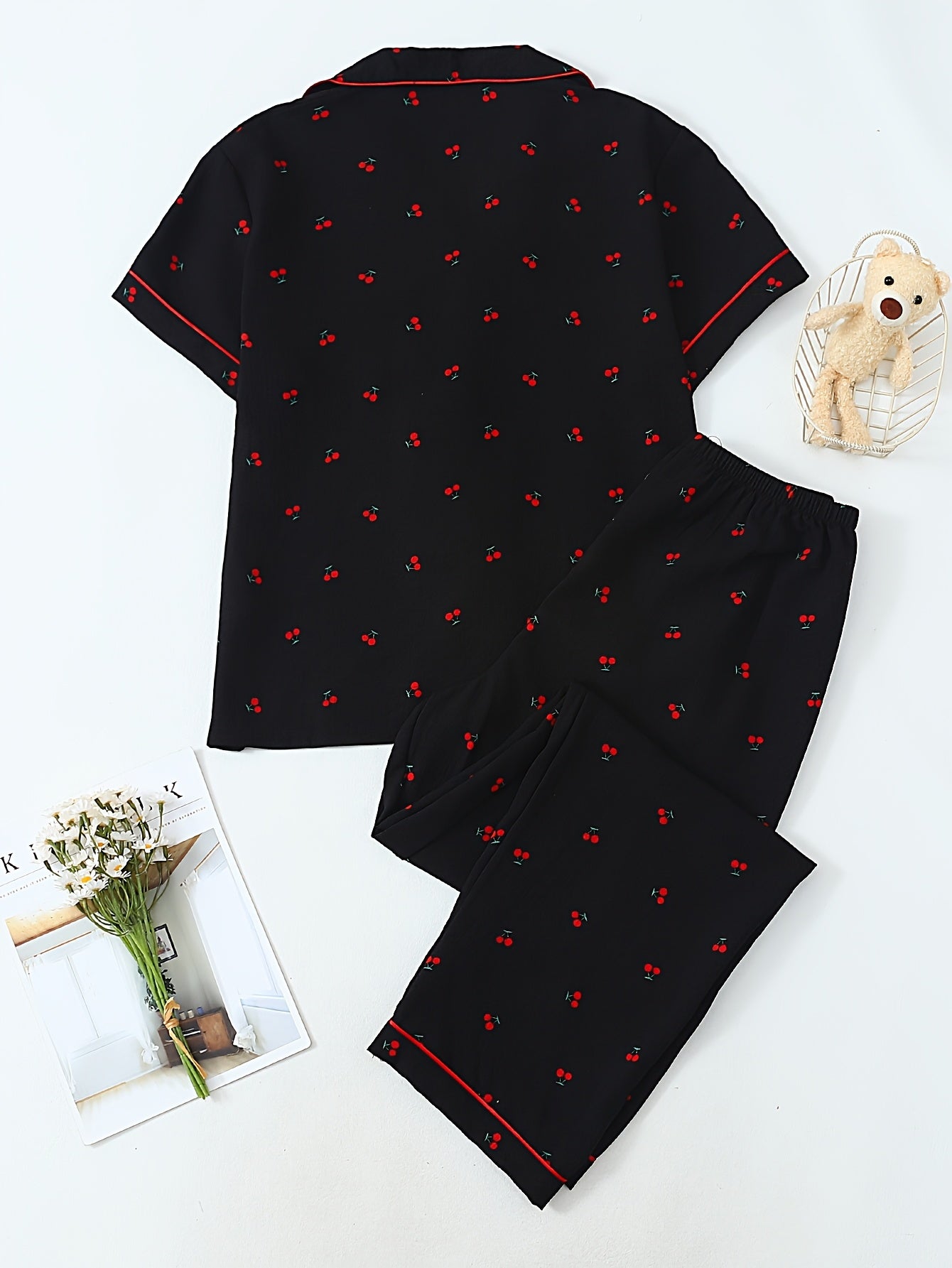 Red Cherry Print Pajama Set (Half Sleeves)