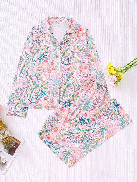 Flowers Charm Pajama set full sleeves (Pink)