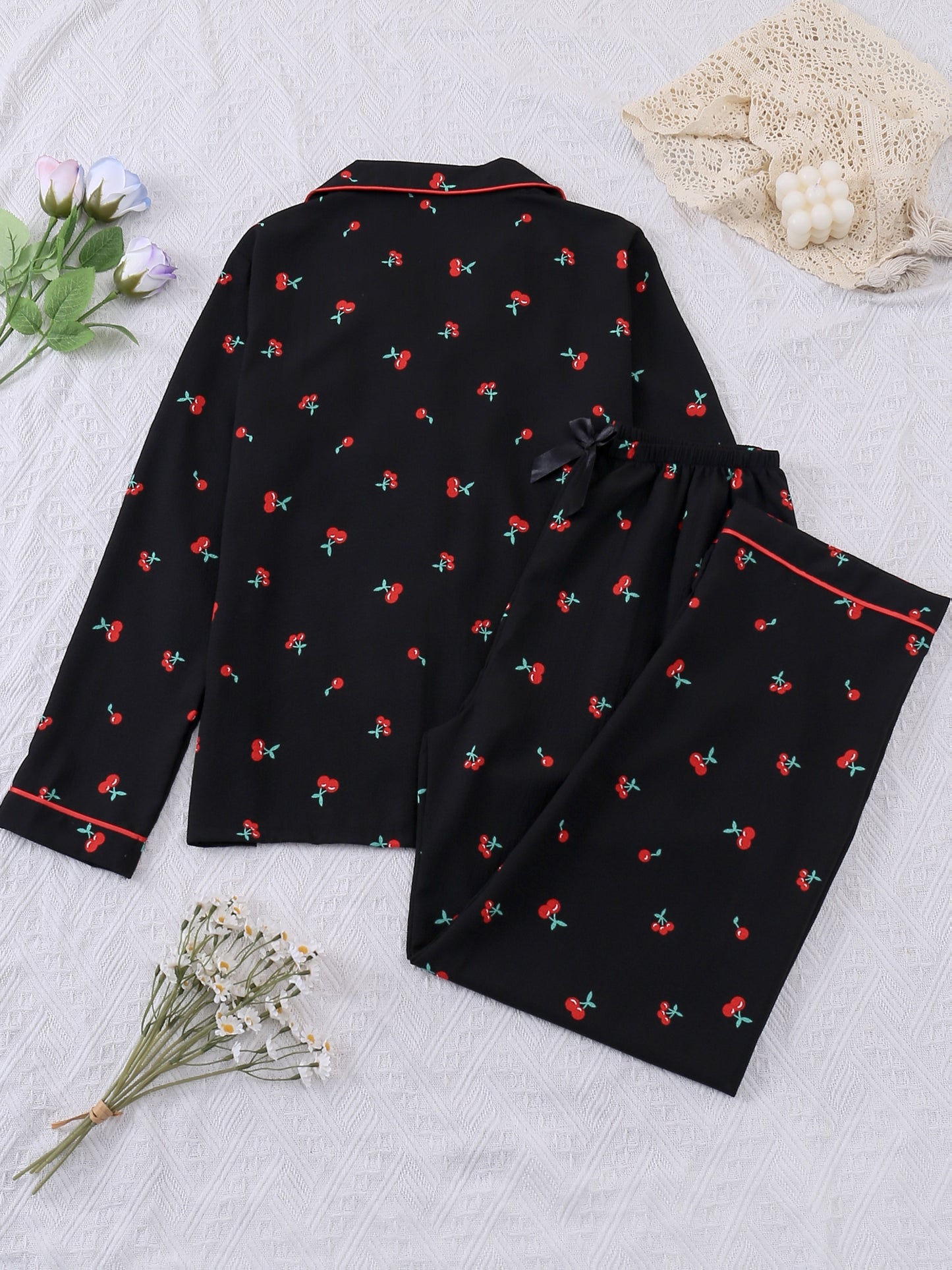 Red Cherry Print Pajama Set (Full Sleeves)