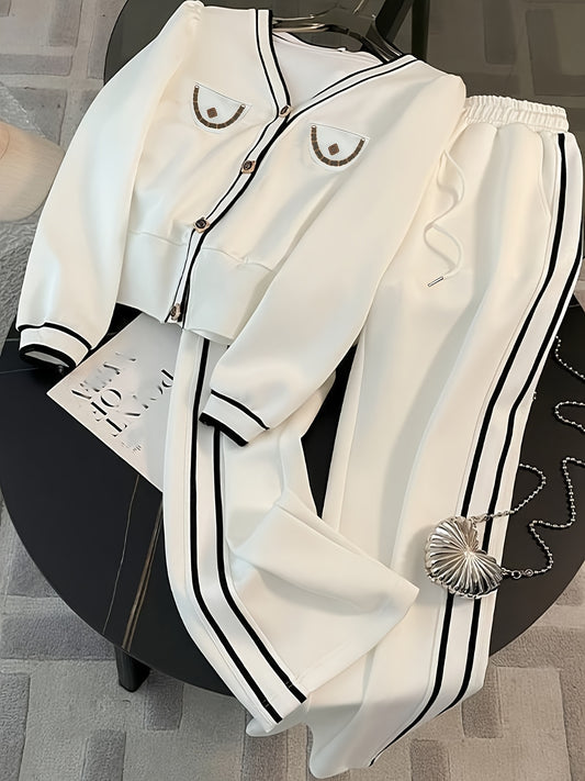 French sweatshirt set with wide leg pant set for women (White)