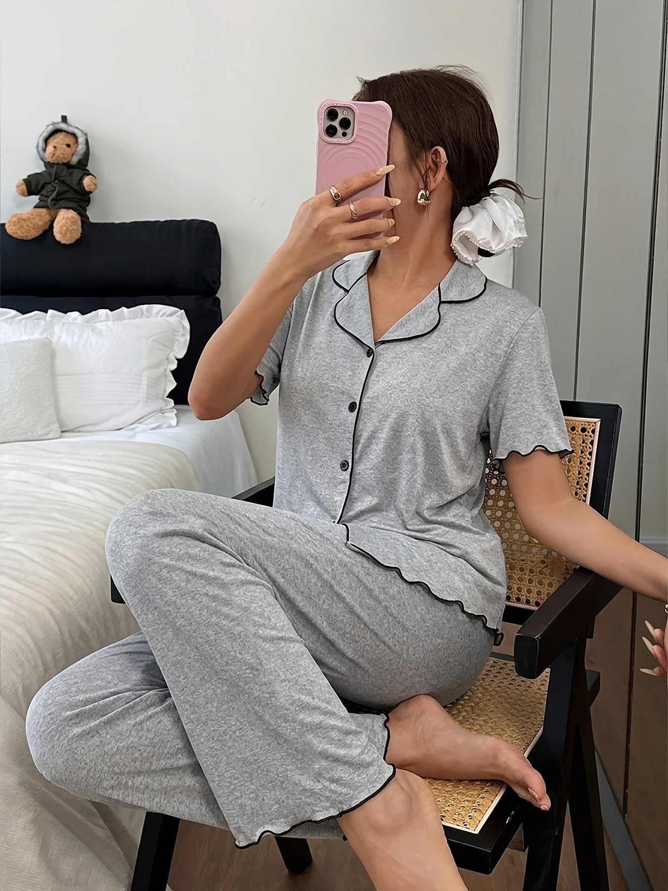 Cardigan Pajama Set (Light Grey)