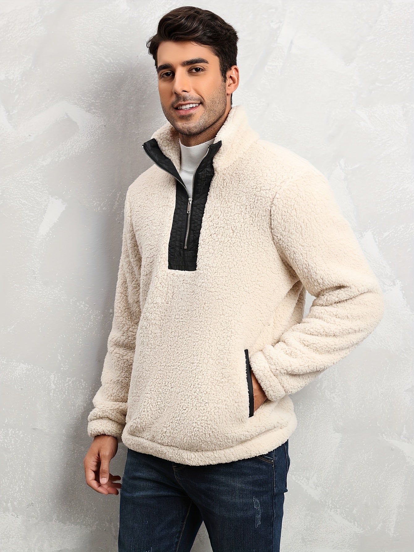 Half Zipper Sherpa Jacket for men- Beige