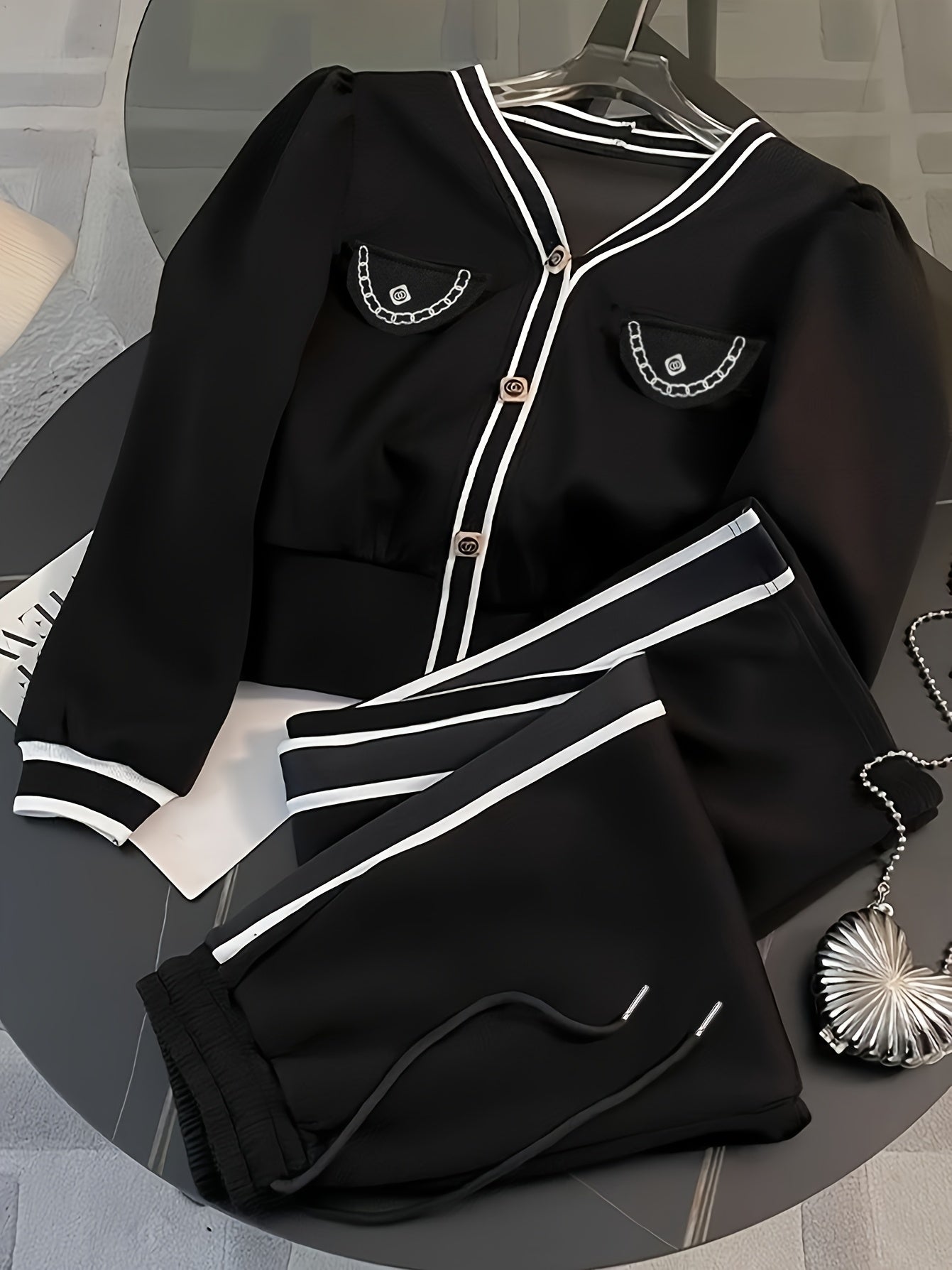 French sweatshirt set with wide leg pant set for women (black)