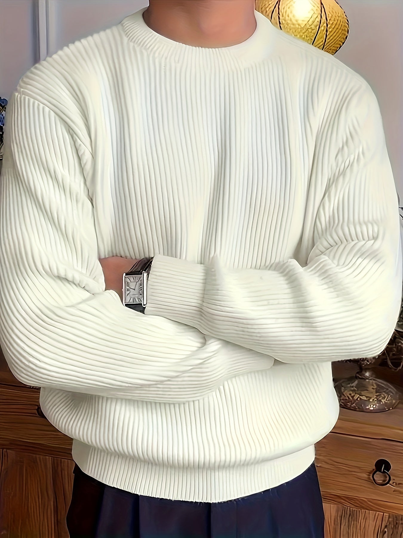 Ribbed Crew Neck Sweatshirt- White