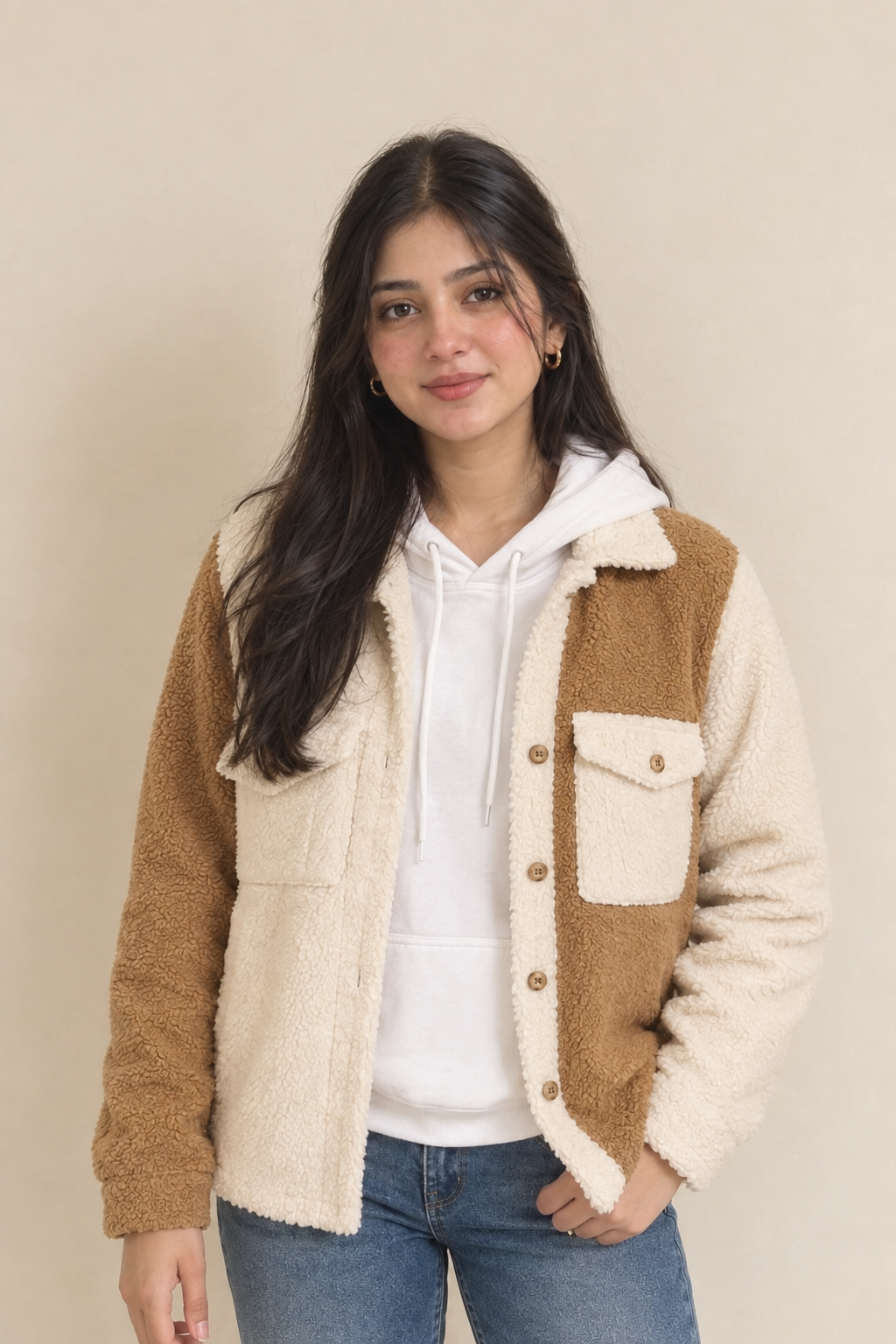 Sherpa Jacket for women- White Brown Double Patch pocket