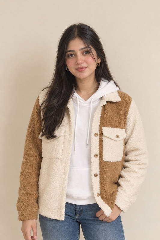 Sherpa Jacket for women- White Brown Double Patch pocket