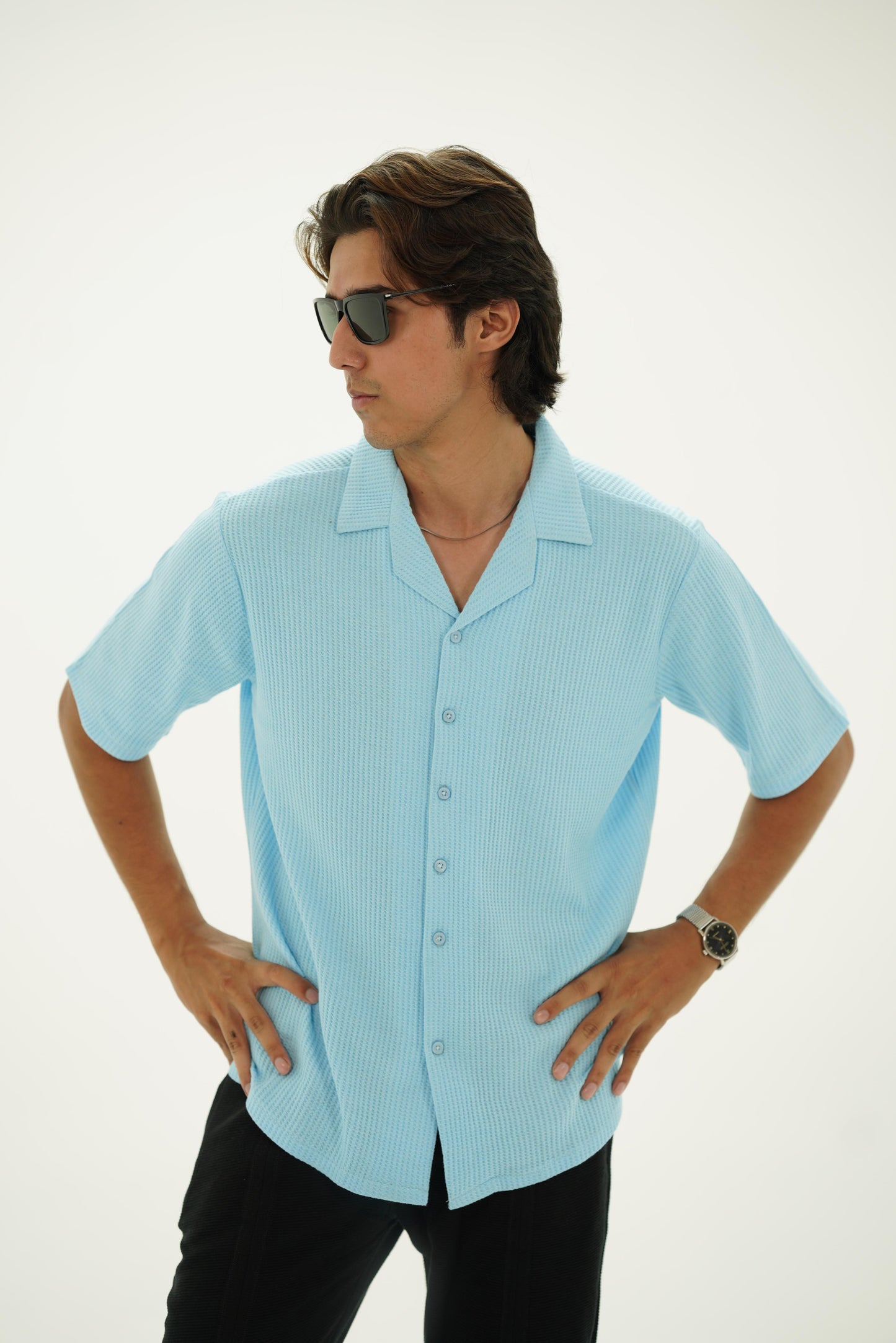 Knitted Waffle Cuban Collar shirt- Sky Blue