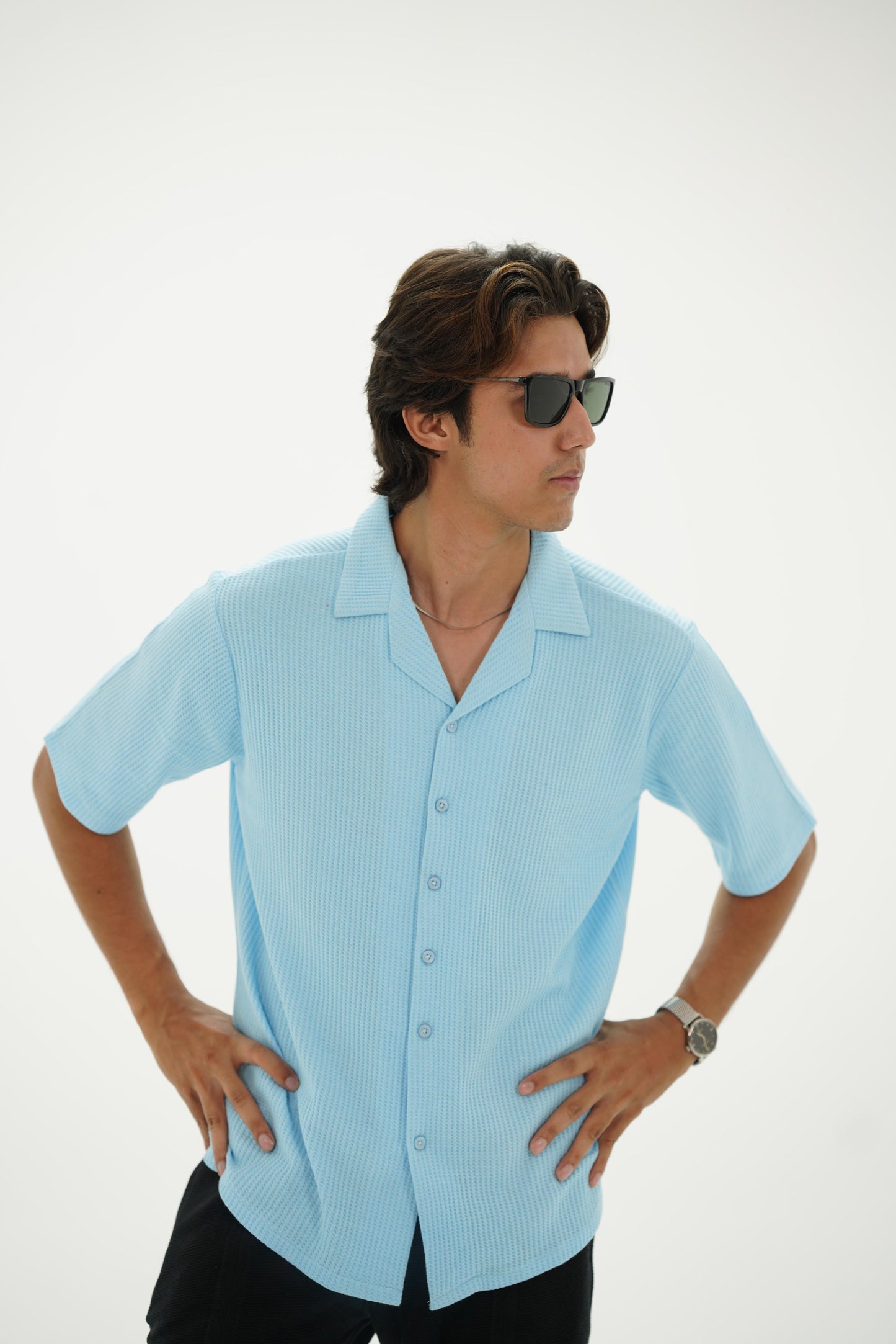 Knitted Waffle Cuban Collar shirt- Sky Blue