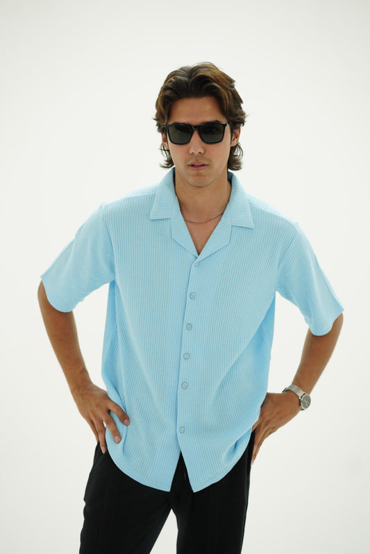 Knitted Waffle Cuban Collar shirt- Sky Blue