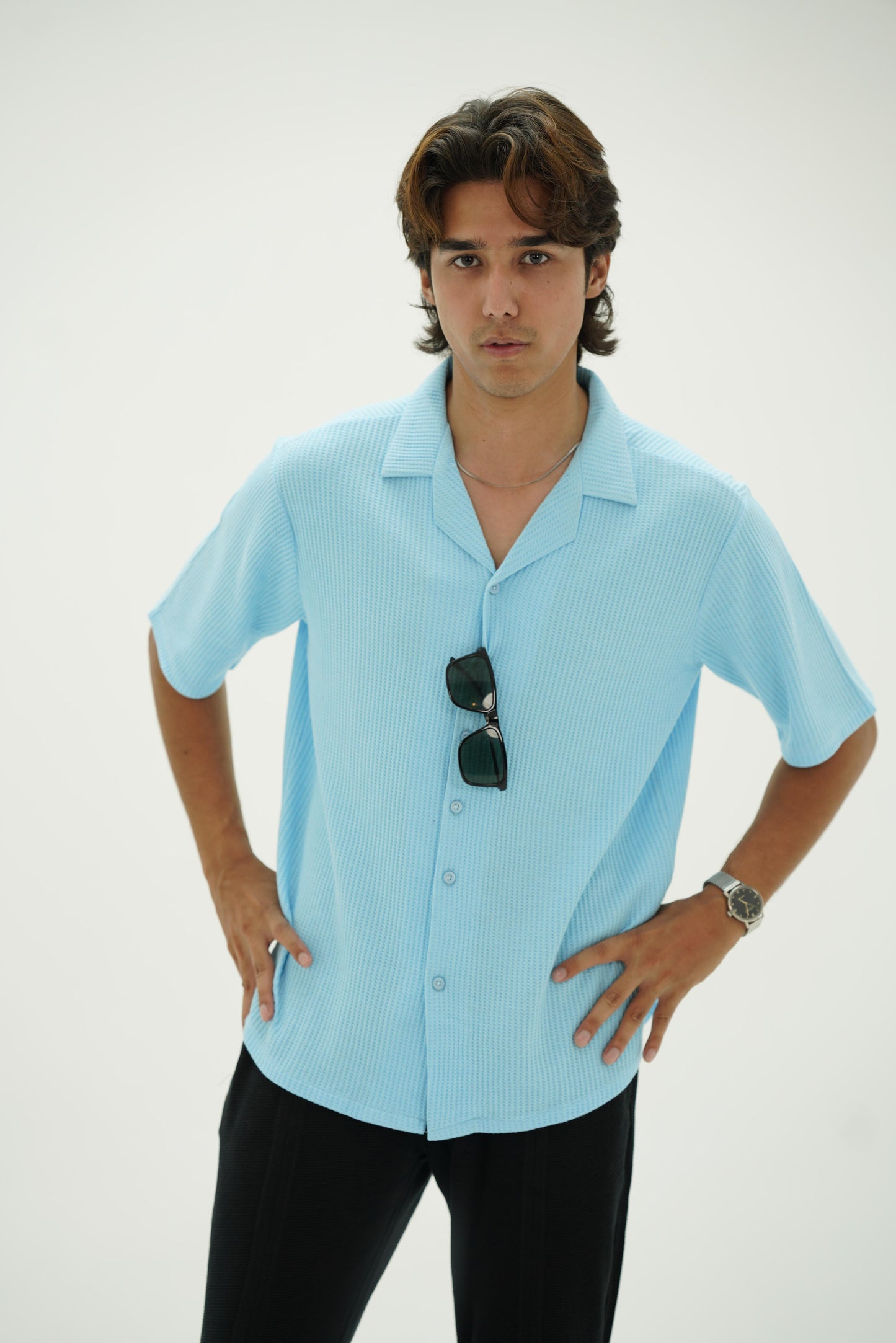 Knitted Waffle Cuban Collar shirt- Sky Blue