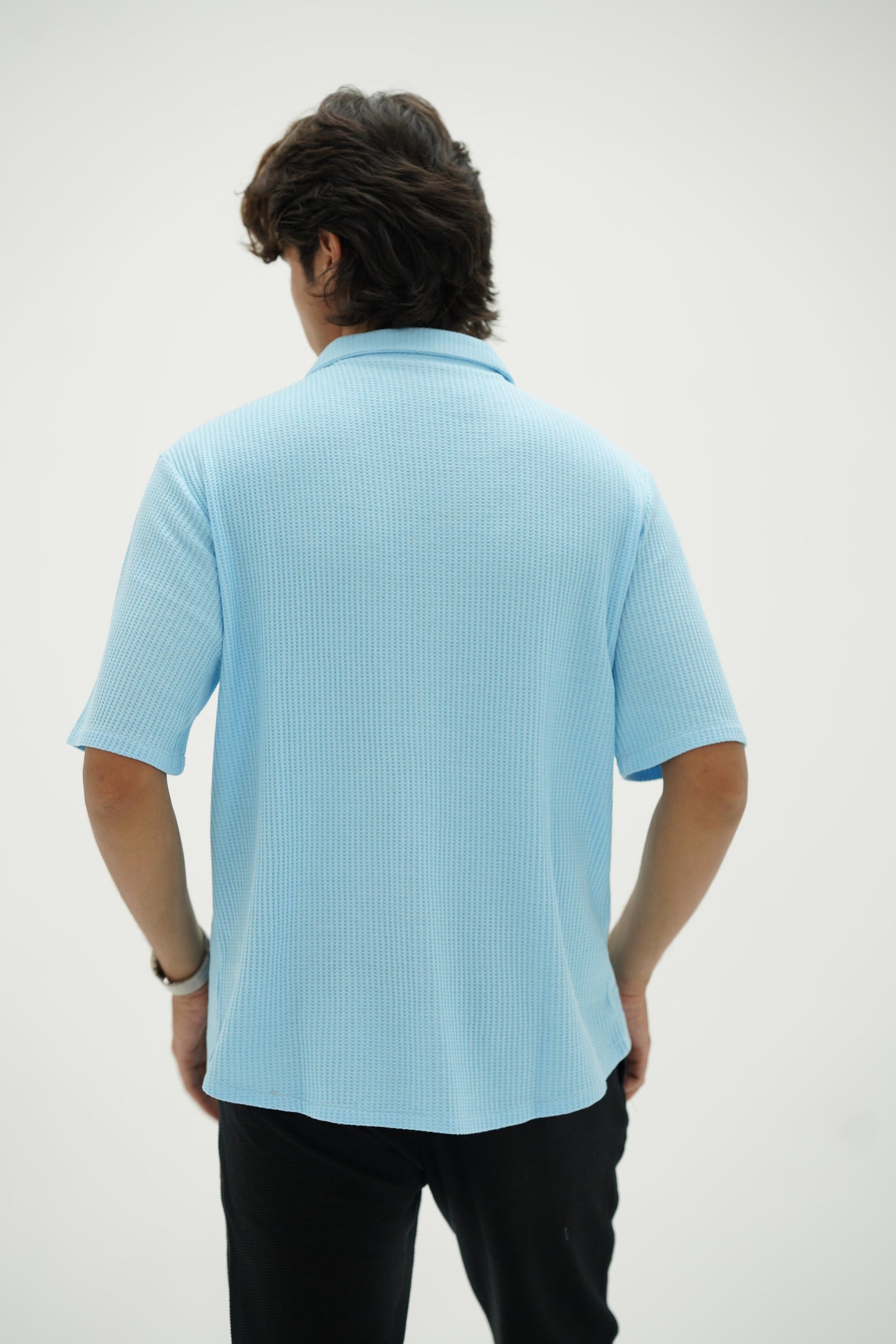 Knitted Waffle Cuban Collar shirt- Sky Blue