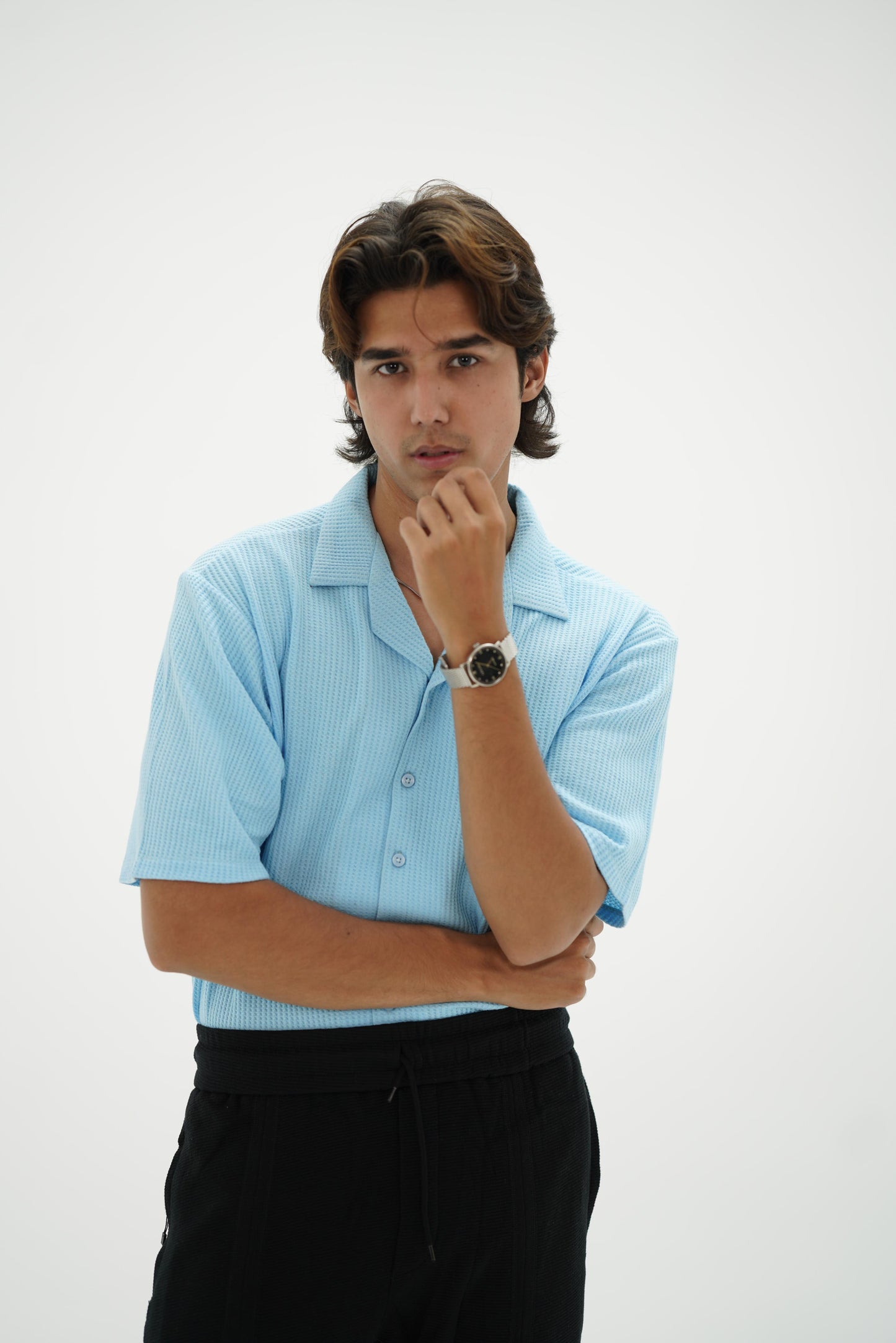 Knitted Waffle Cuban Collar shirt- Sky Blue
