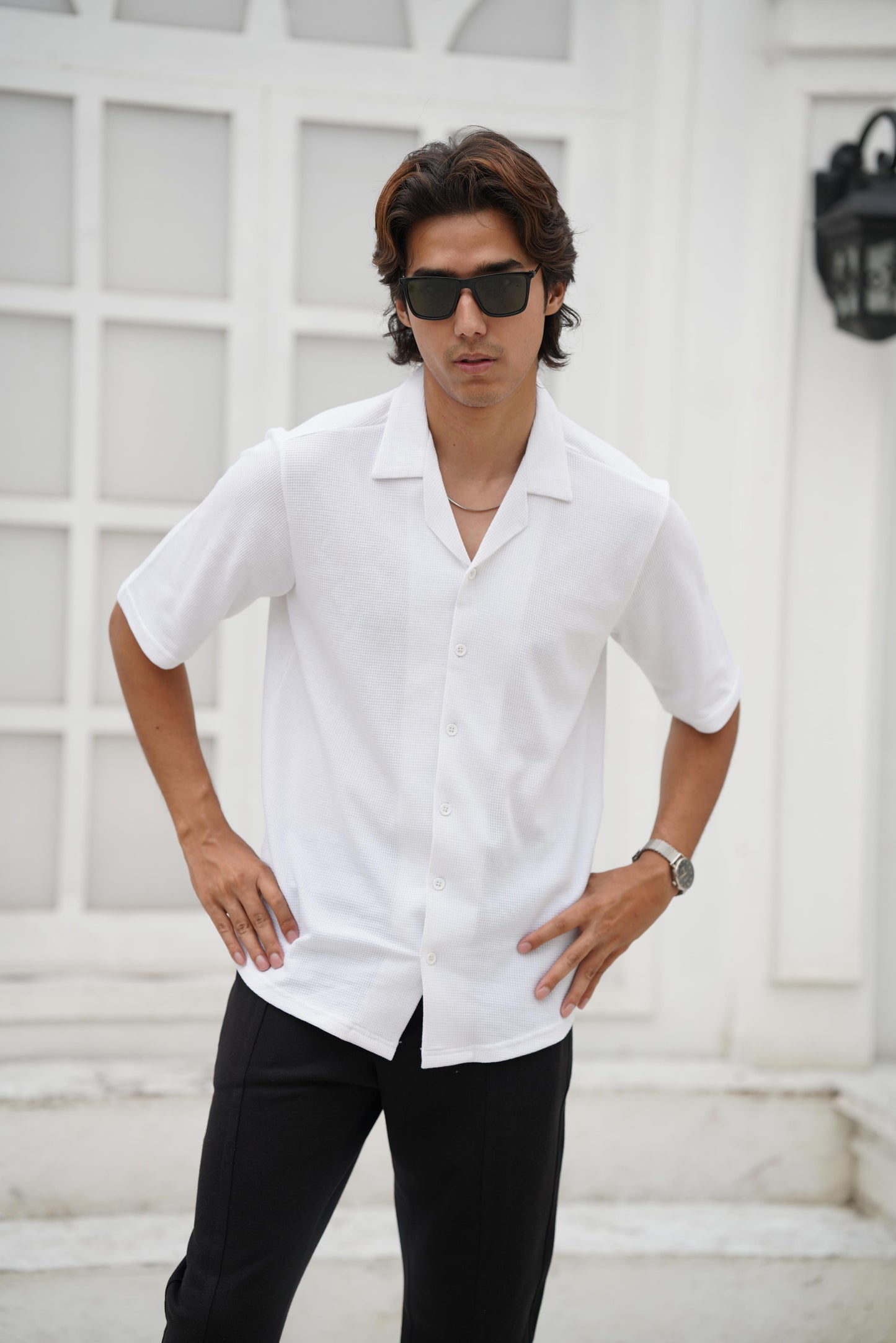 Knitted Waffle Cuban Collar shirt- White