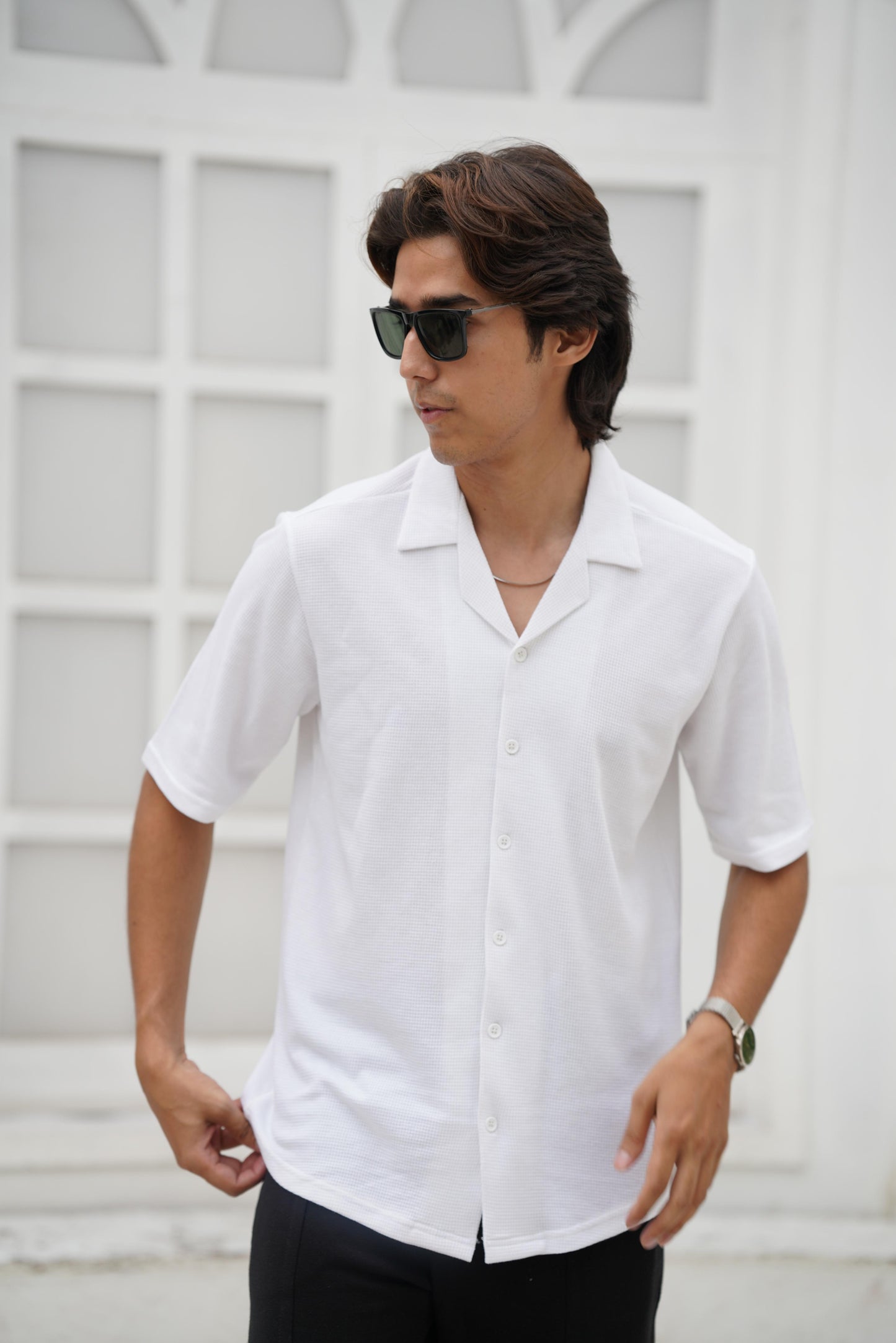 Knitted Waffle Cuban Collar shirt- White