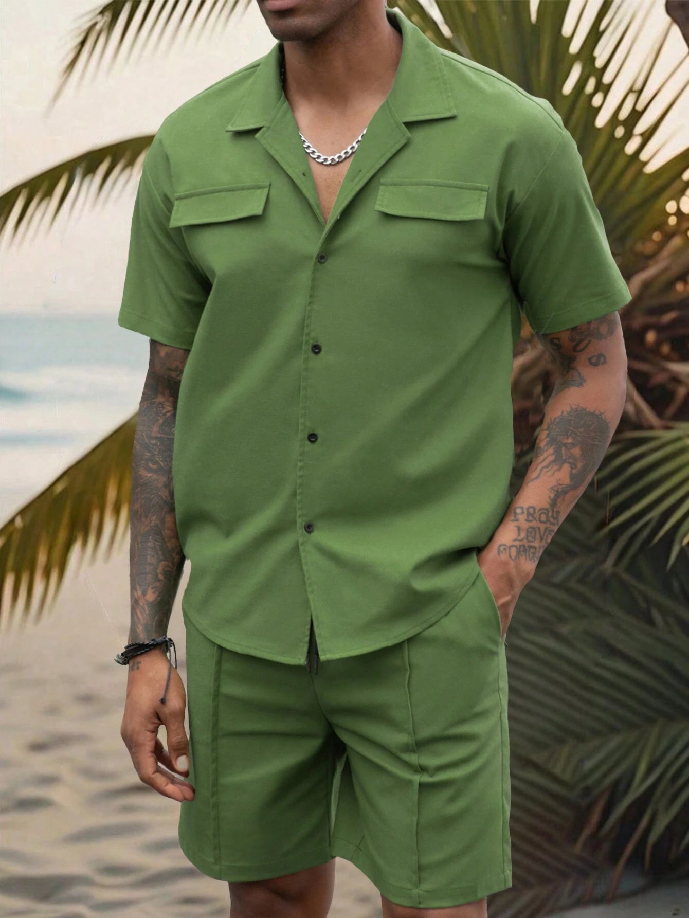 Flap cotton tracksuit with short - Army green
