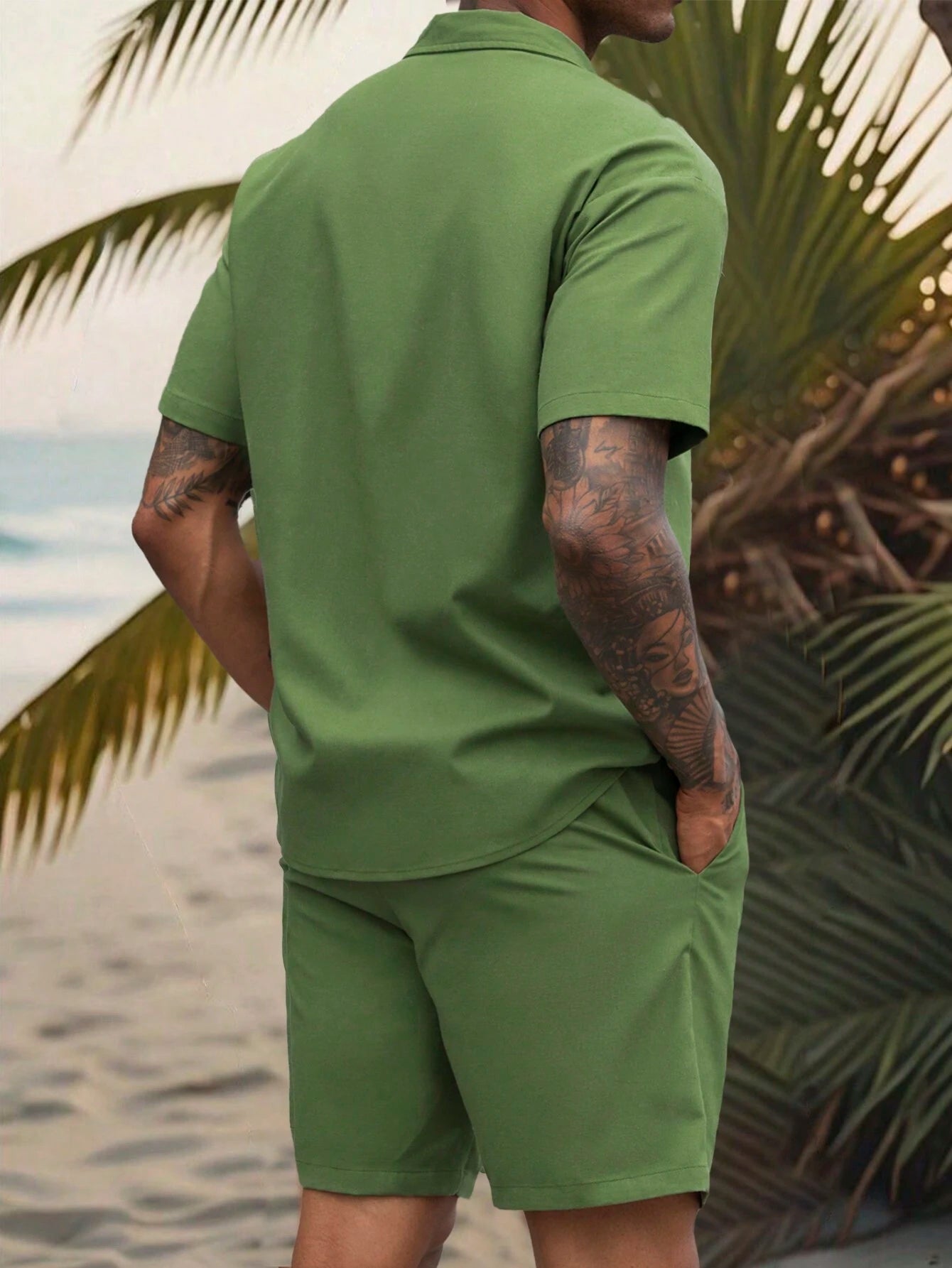 Flap cotton tracksuit with short - Army green