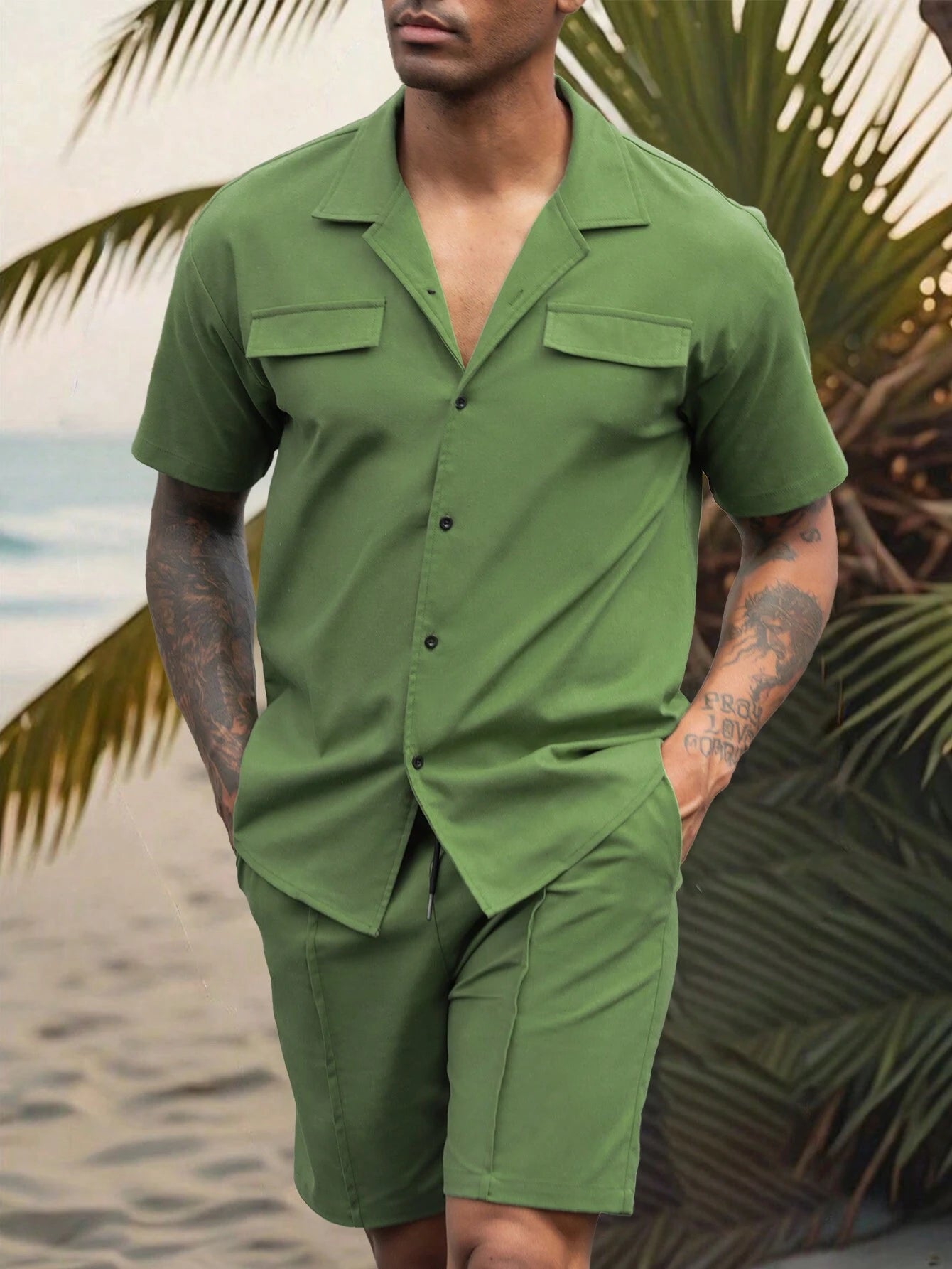 Flap cotton tracksuit with short - Army green
