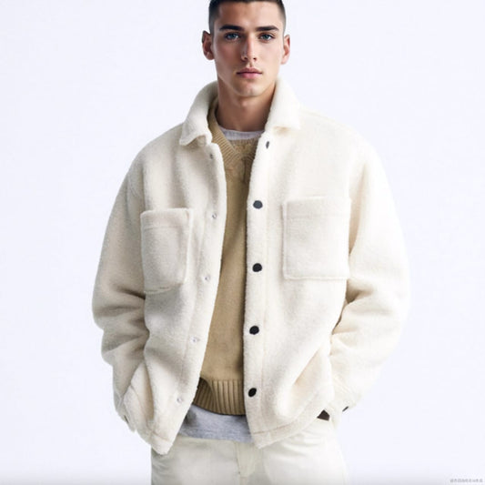 Sherpa Jacket for men-  White Color Double Patch pocket