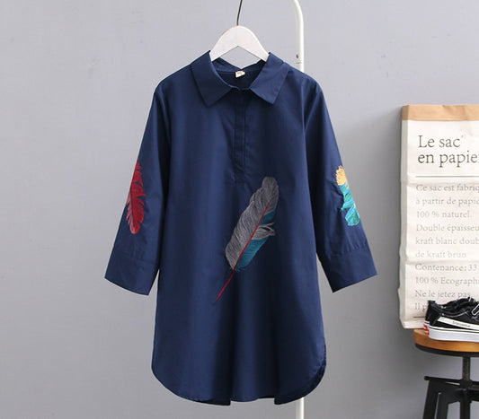 Feather Embroidered shirt (Blue)