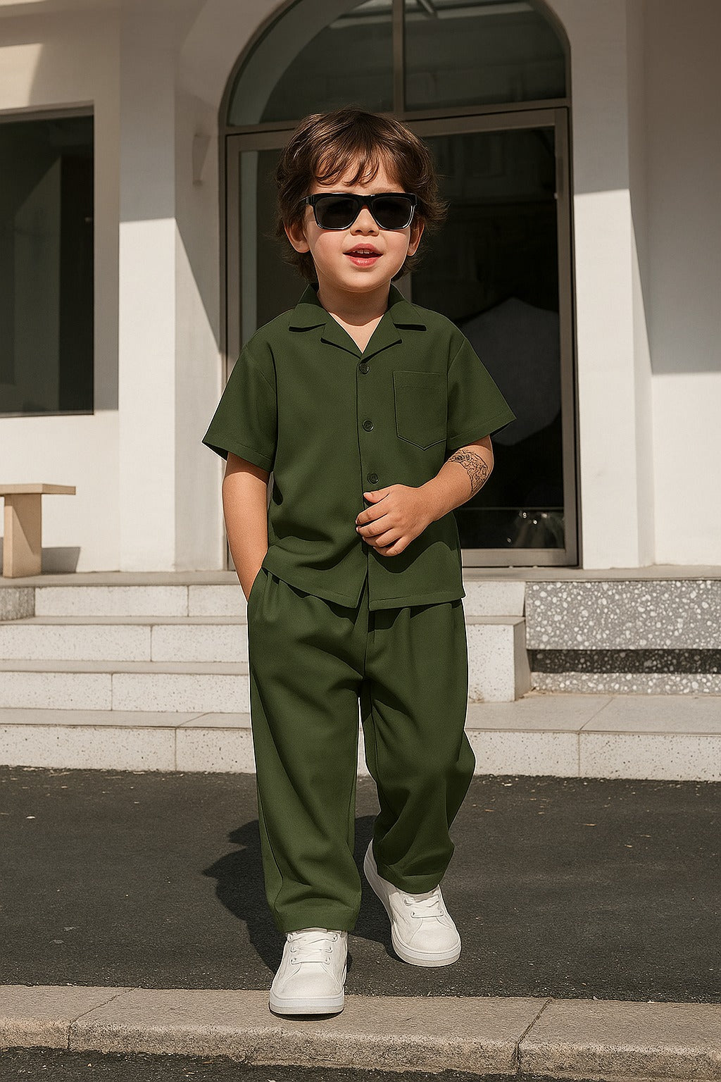 Decent cuban collar tracksuit for kids (Boys/Girls) (Green)