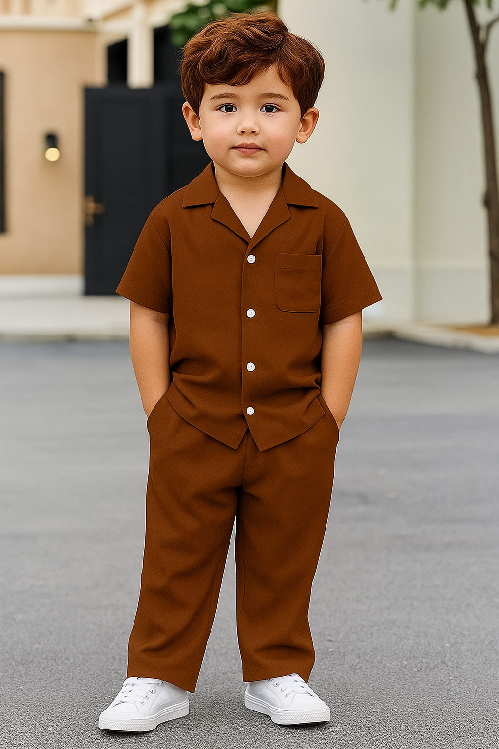 Decent cuban collar tracksuit for kids (Boys/Girls) (Brown)