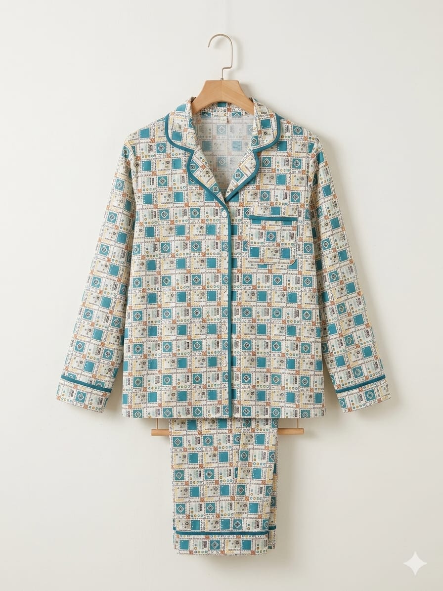 Printed Notch Collar Pajama Set (Blue)