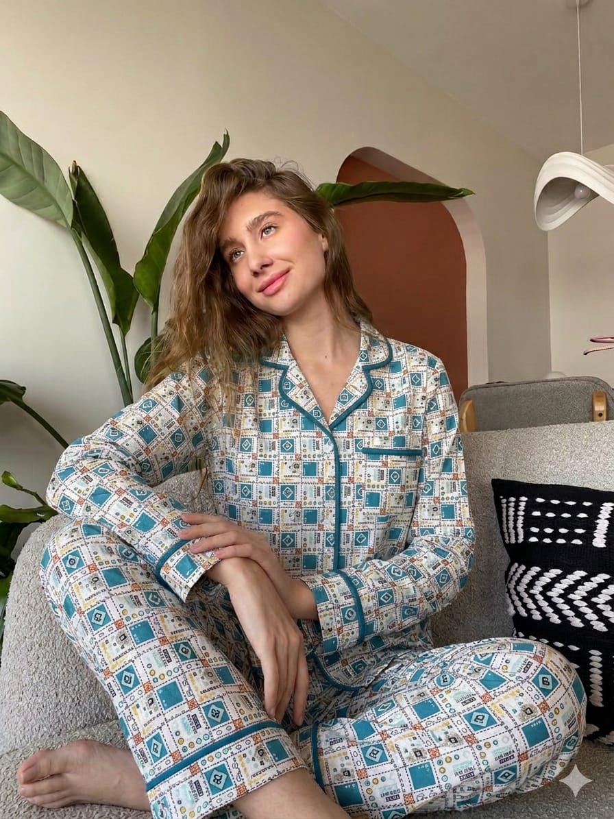 Printed Notch Collar Pajama Set (Blue)