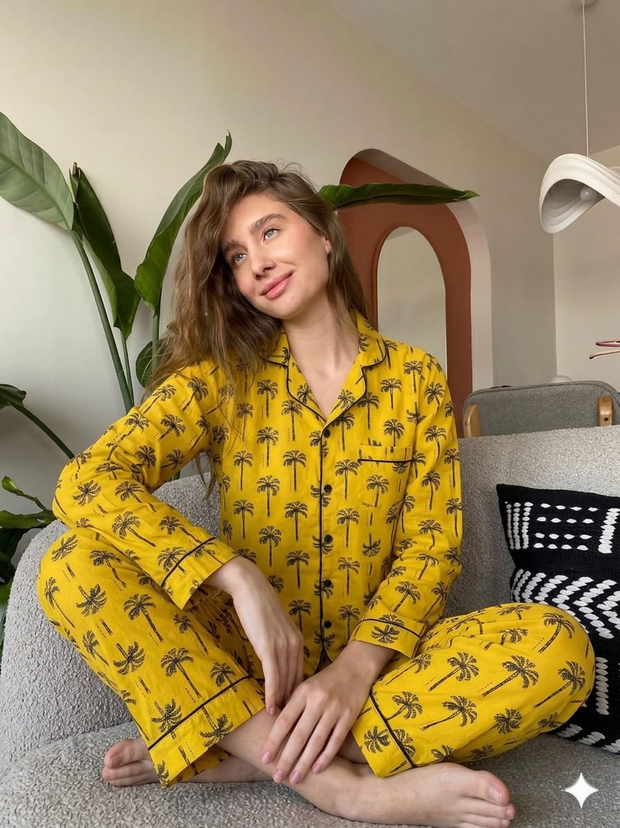 Printed Notch Collar Pajama Set (Mustard)