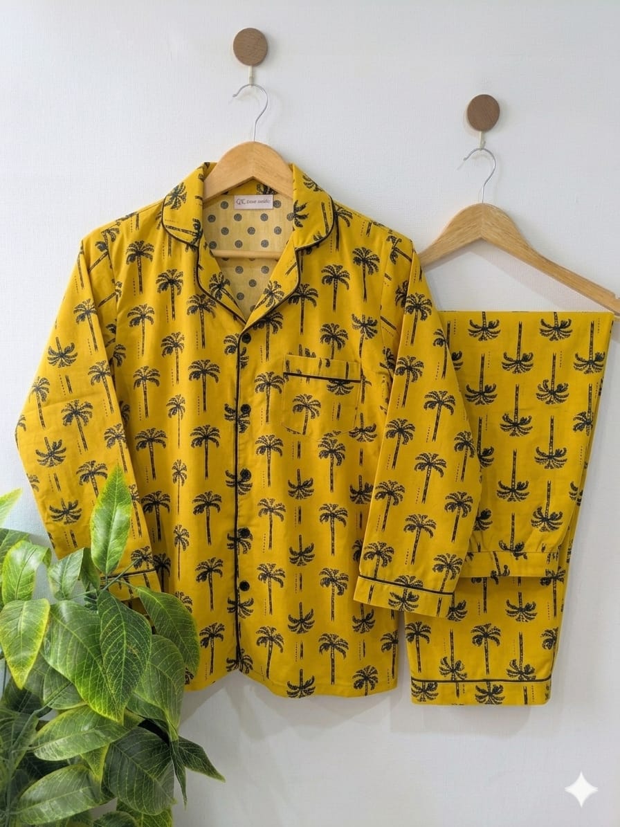 Printed Notch Collar Pajama Set (Mustard)