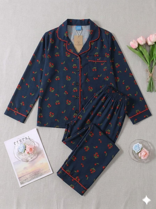 Cherry Blossom Pajama Set (Blue)