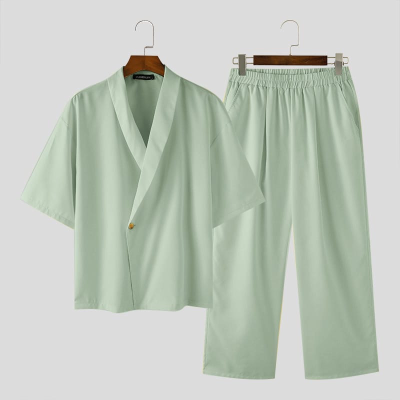 Streetwear down shoulder two piece (Light Green)