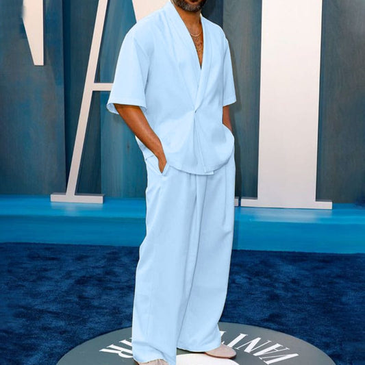 Streetwear down shoulder two piece (Sky Blue)