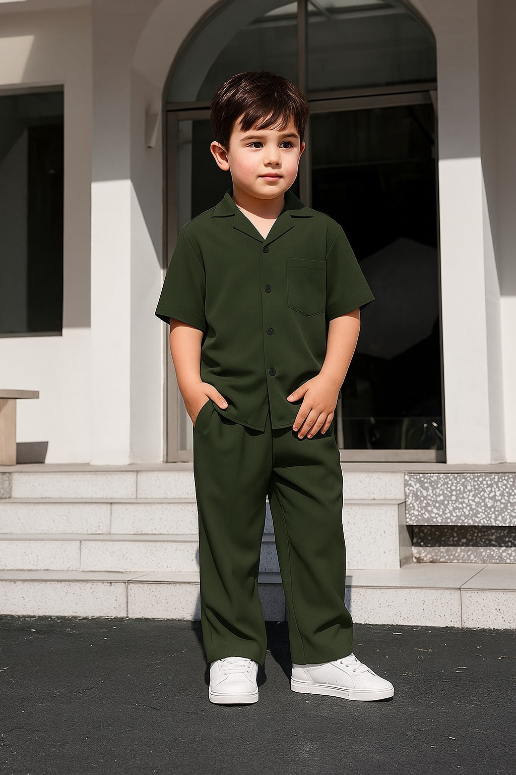 Decent cuban collar tracksuit for kids (Boys/Girls) (Green)