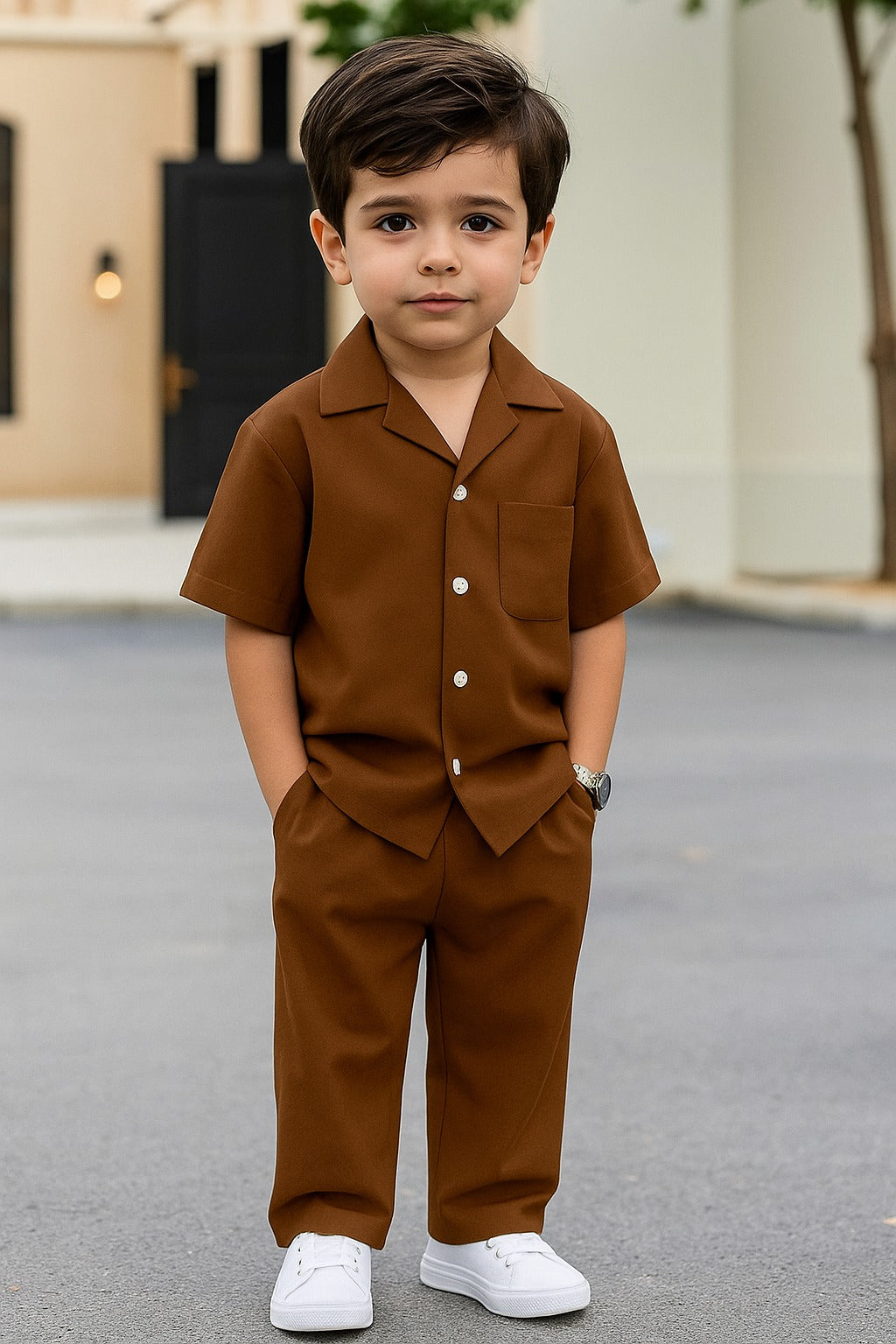 Decent cuban collar tracksuit for kids (Boys/Girls) (Brown)