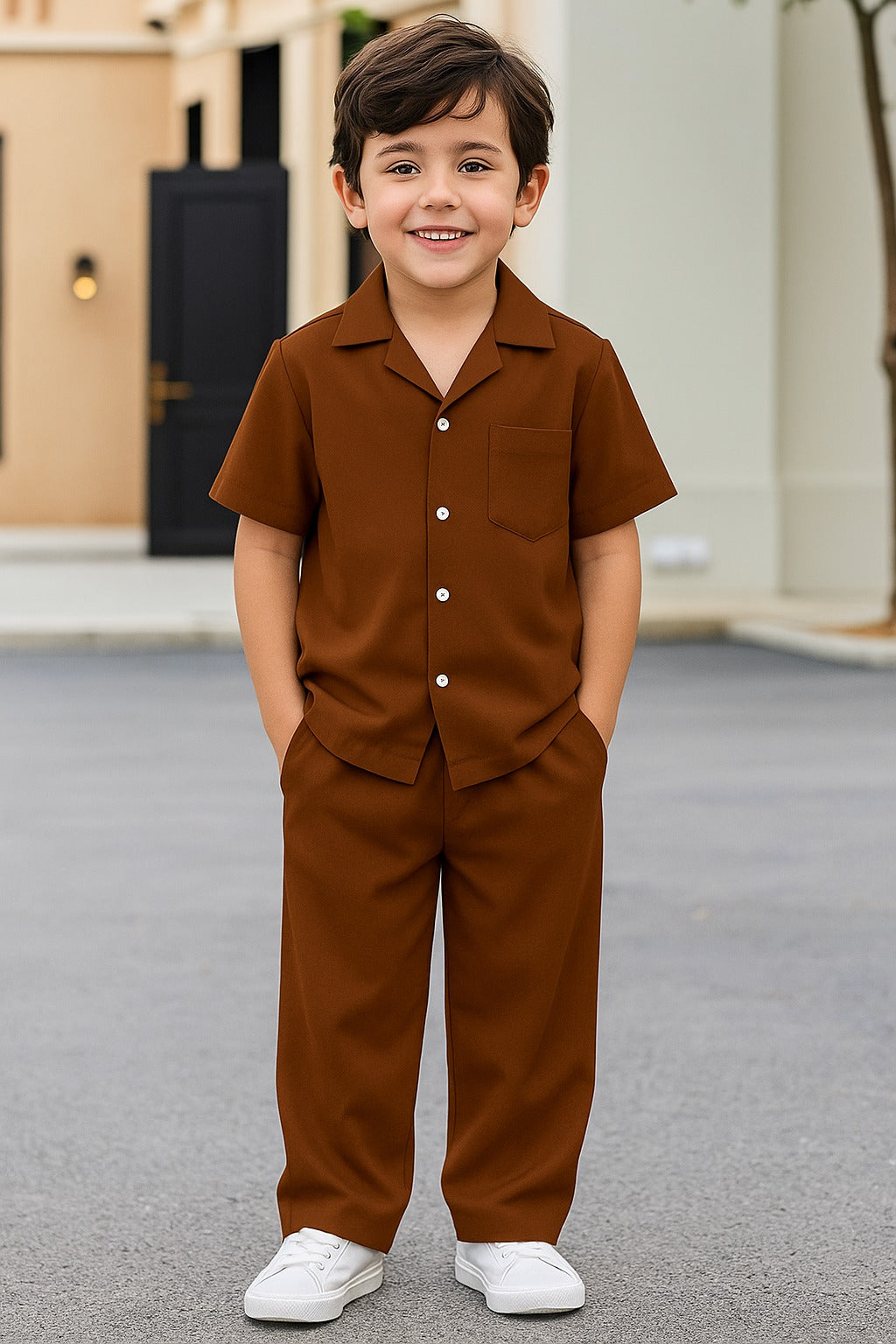 Decent cuban collar tracksuit for kids (Boys/Girls) (Brown)
