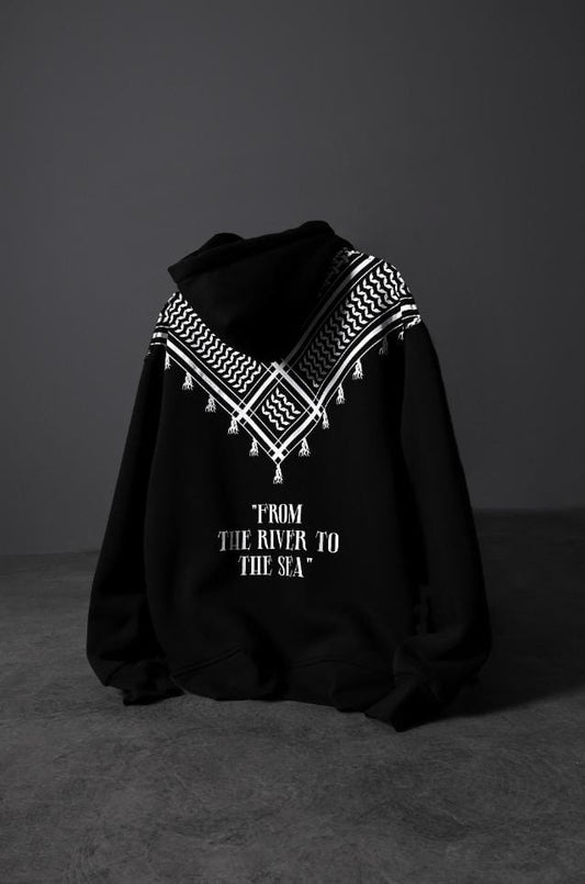Shawl pattern oversized hooded sweatshirt (Black)