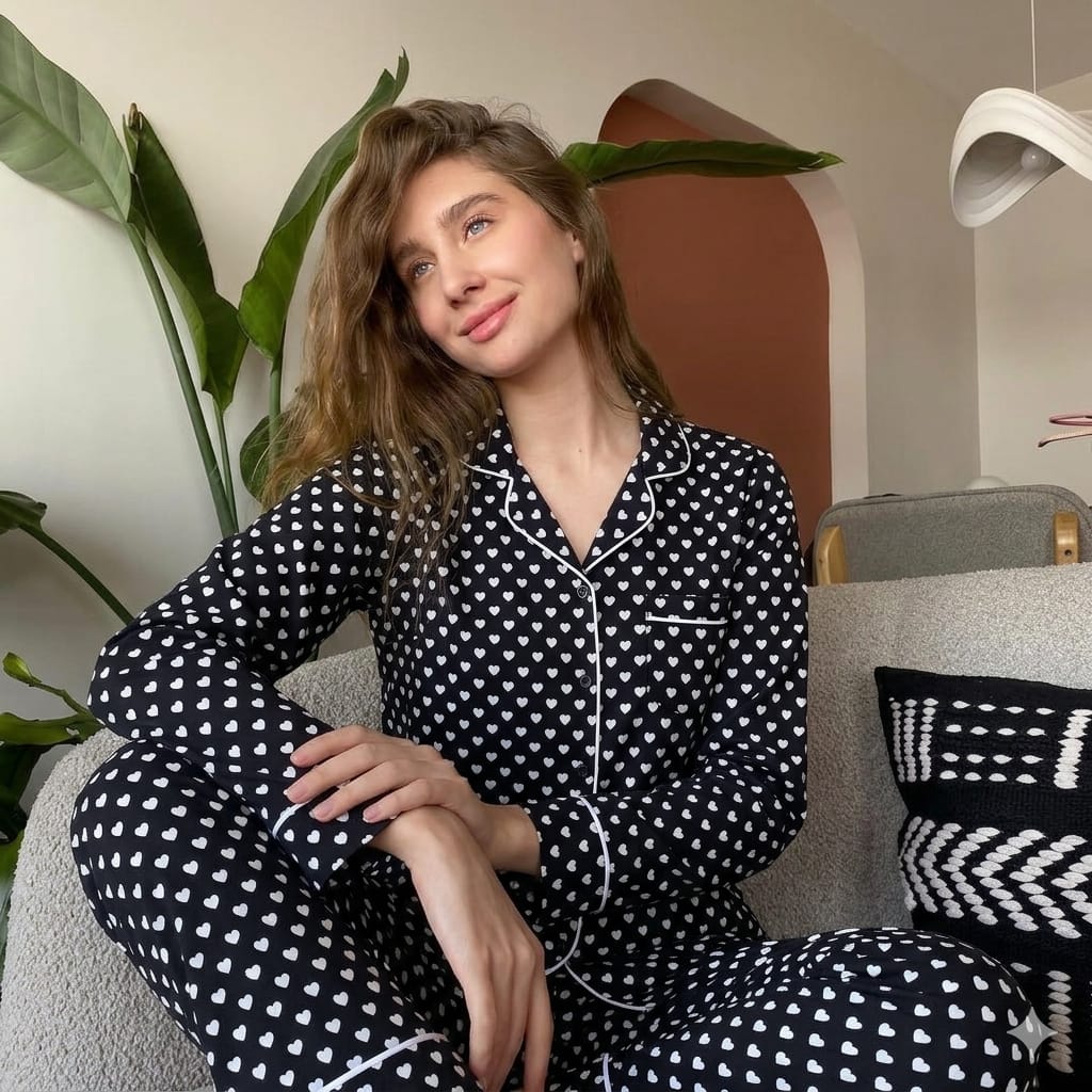 Polka heart pajama set (Black)