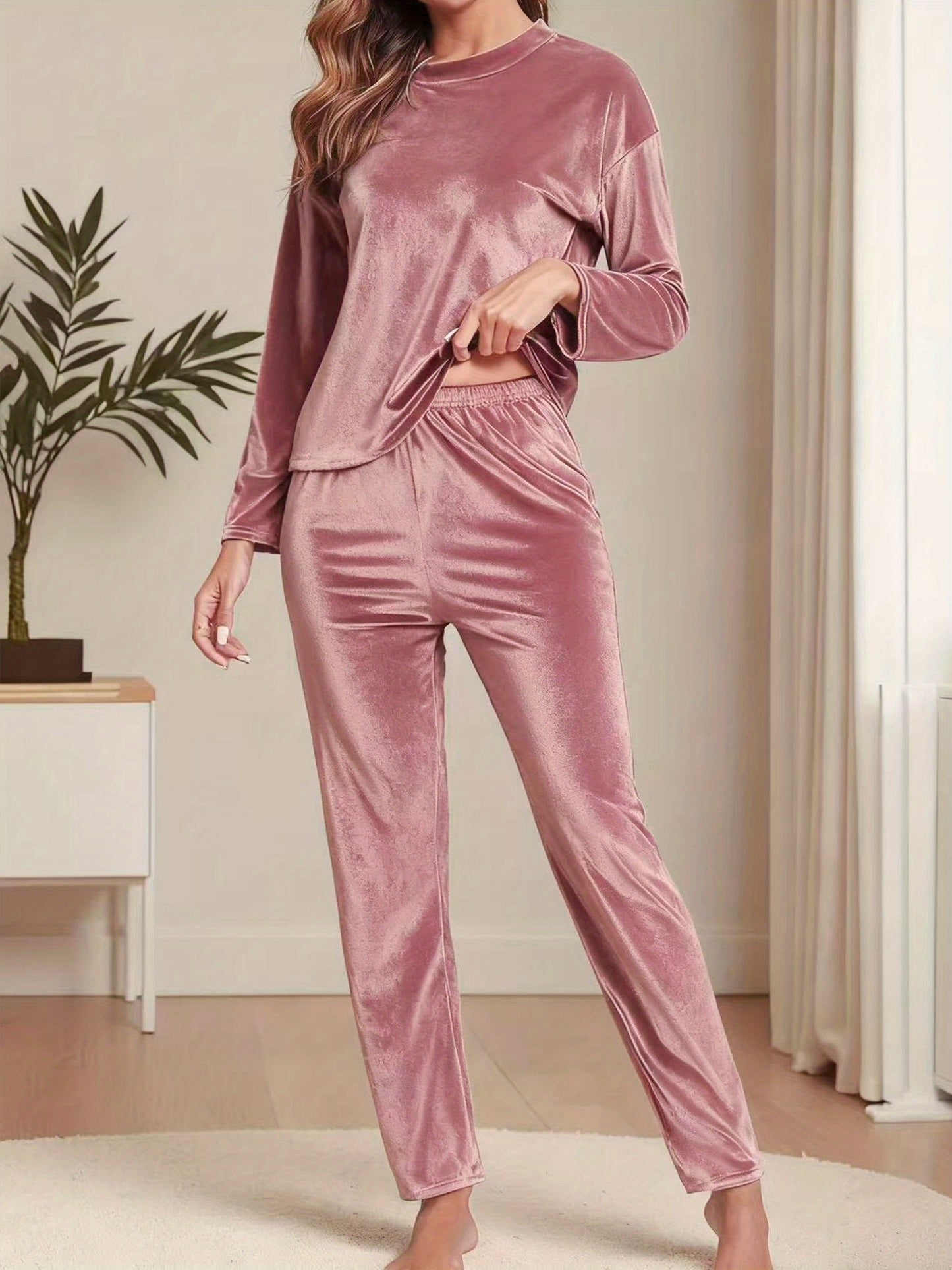 Solid Velvet Pajama Set (Pink)