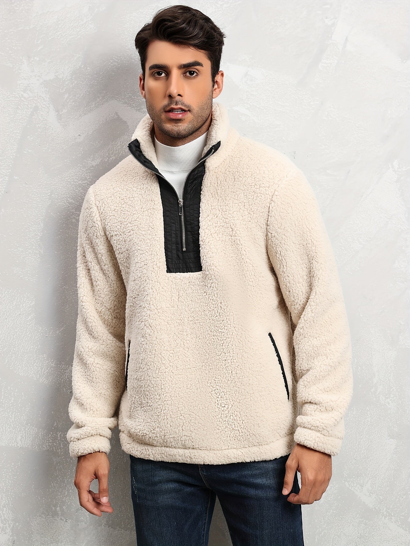 Half Zipper Sherpa Jacket for men- Beige