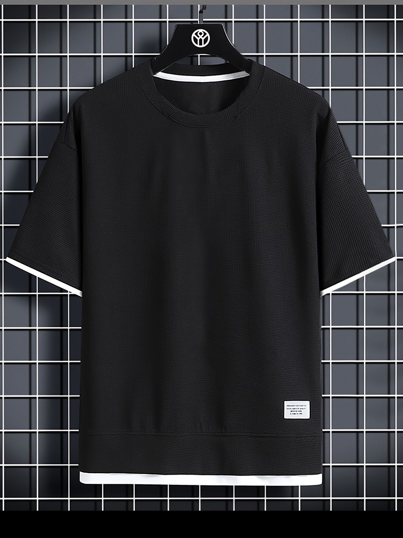 Waffle Pattern Crew Neck Collar t shirt- Black