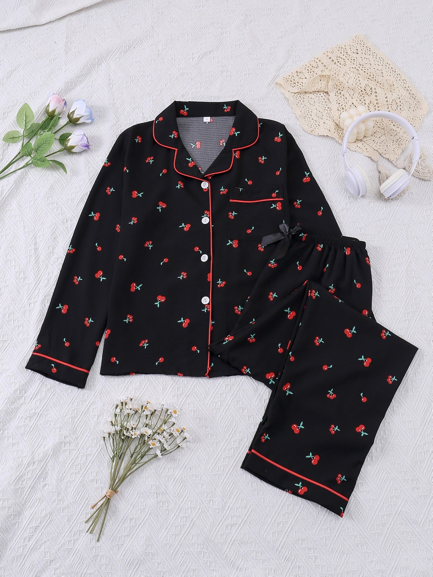 Red Cherry Print Pajama Set (Full Sleeves)