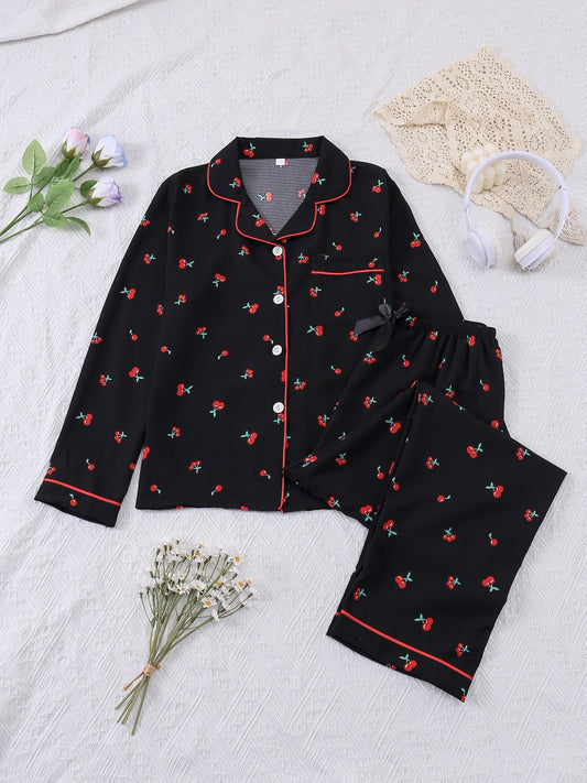 Red Cherry Print Pajama Set (Full Sleeves)